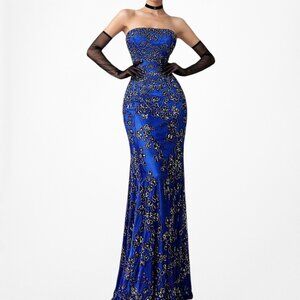 Vintage Y2K Blue Silk Strapless Floral Beaded Bodycon Maxi Prom Dress Size XS/S